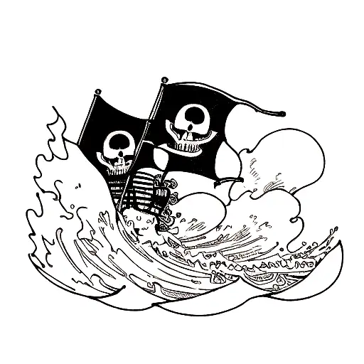 A blackwork tattoo of the One Piece pirate flag with waves crashing in the background tattoo design idea