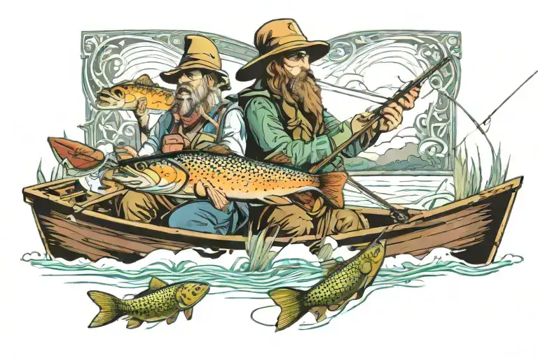 3 psychedelic wizards fly fishing out of a drift boat, with modern fly fishing equipment for brown trout on a river tattoo design idea
