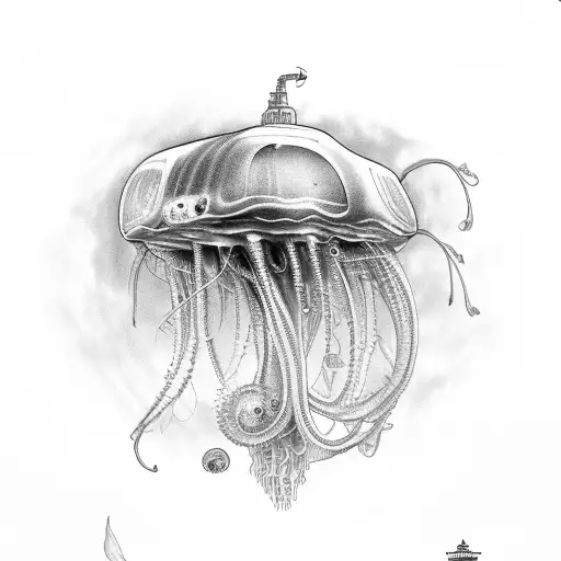 cyborg jellyfish with background of Atlantis underwater tattoo design idea
