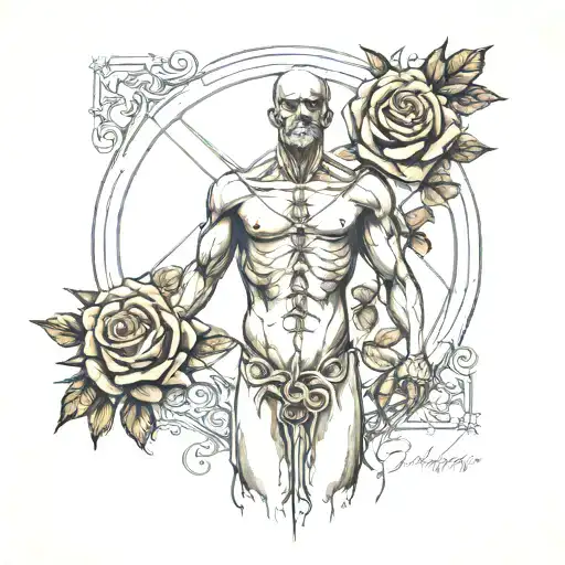 vitruvian man, roses, hourglass tattoo design idea