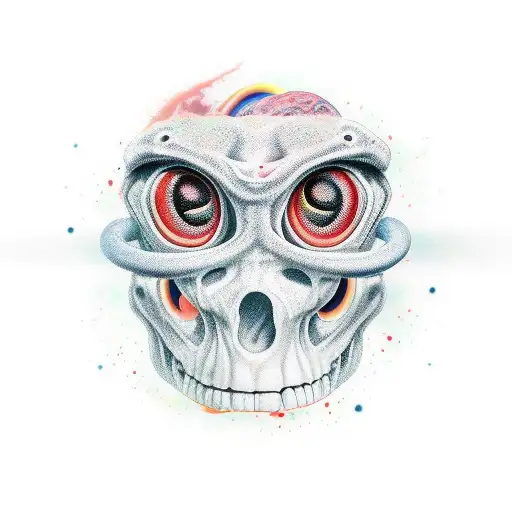 cranio com cobras saindo dela, toda sobreada tattoo design idea