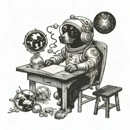 A teacher's desk with a cosmic twist, featuring a dog astronaut teaching a class of planets and moons tattoo design idea