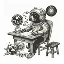 A teacher's desk with a cosmic twist, featuring a dog astronaut teaching a class of planets and moons tattoo design idea