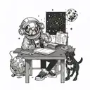 A teacher's desk with a cosmic twist, featuring a dog astronaut teaching a class of planets and moons tattoo design idea