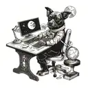 A teacher's desk with a cosmic twist, featuring a dog astronaut teaching a class of planets and moons tattoo design idea