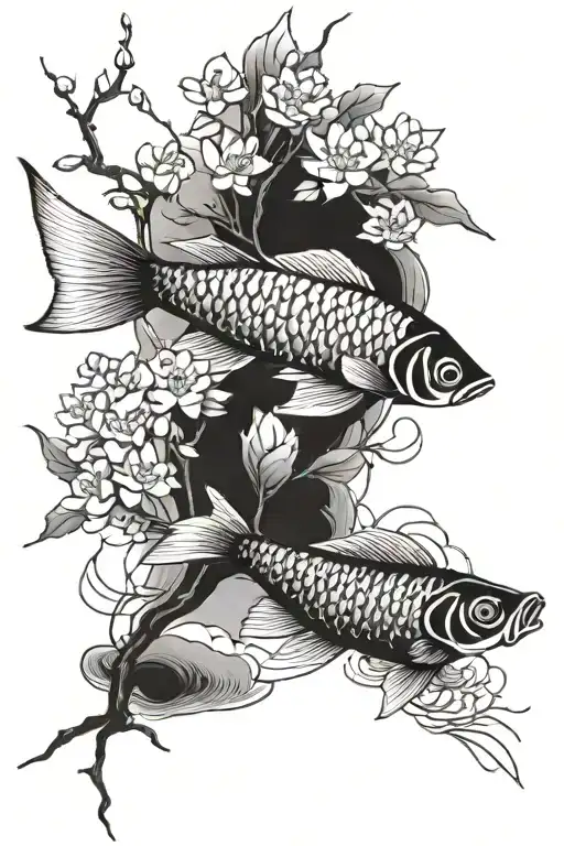A Feminine Arowana and Sakura tree branch on a pond tattoo design idea