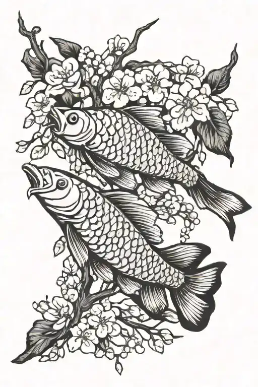 Feminine Arowana and Sakura tree branch tattoo design idea