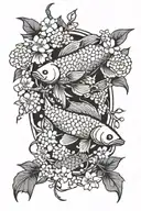 Feminine Arowana and Sakura tree branch tattoo design idea