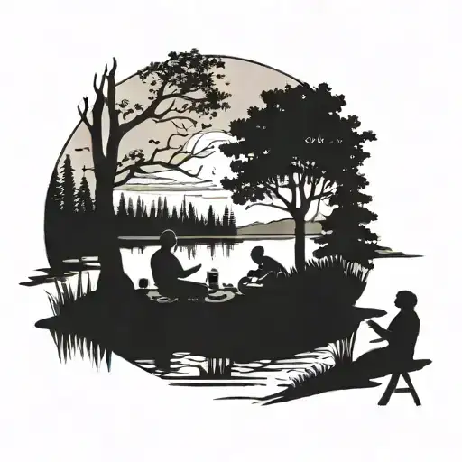 A serene lake scene with a silhouette of a family enjoying a picnic on the shore tattoo design idea