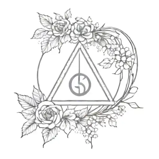 minimalist deathly hallows symbol wrapped in flowers with crescent moon  tattoo design idea