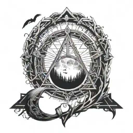 A mystical design featuring the Deathly Hallows symbol intertwined with intricate book pages and a glowing moon tattoo design idea
