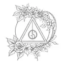 minimalist deathly hallows symbol wrapped in flowers with crescent moon  tattoo design idea