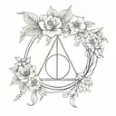 minimalist deathly hallows symbol wrapped in flowers with crescent moon  tattoo design idea