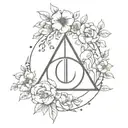 minimalist deathly hallows symbol wrapped in flowers with crescent moon  tattoo design idea