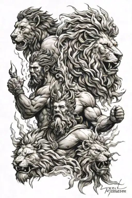  Zeus against Cronus with lightning bolts and Hercules with the lion's head on his head  tattoo design idea