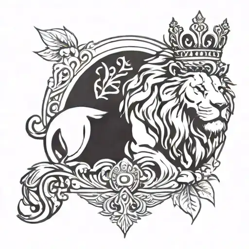 A tattoo of a lion wearing a crown, symbolizing strength and royalty, with a Greek god in the background, representing power and mythology tattoo design idea