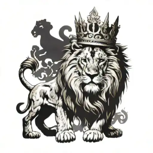 A tattoo of a lion wearing a crown, symbolizing strength and royalty, with a Greek god in the background, representing power and mythology tattoo design idea