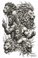  Zeus against Cronus with lightning bolts and Hercules with the lion's head on his head  tattoo design idea