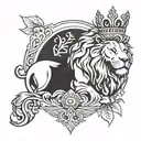 A tattoo of a lion wearing a crown, symbolizing strength and royalty, with a Greek god in the background, representing power and mythology tattoo design idea