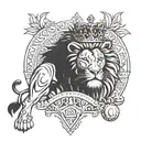 A tattoo of a lion wearing a crown, symbolizing strength and royalty, with a Greek god in the background, representing power and mythology tattoo design idea