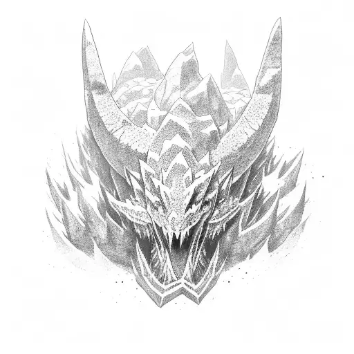 monster hunter Gore Magala reaching out its claws with a purple dark black energy tattoo design idea