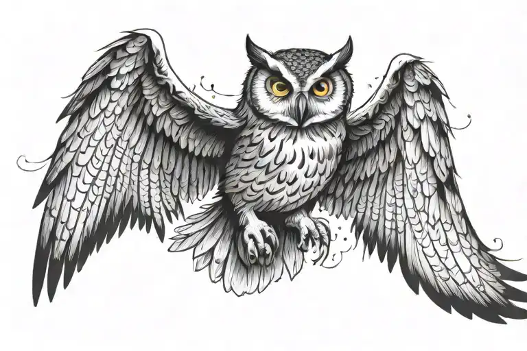 owl with wings spread wide. the left wings are fading off into space objects an the right wing is fading off into number tattoo design idea