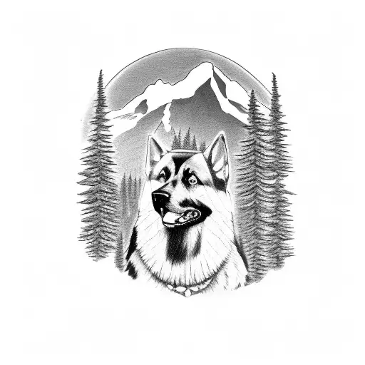 A black-grey tattoo of a hiking trail leading up to the peak of Mount Rainier, with a silhouette of a German shepherd hiking alongside tattoo design idea