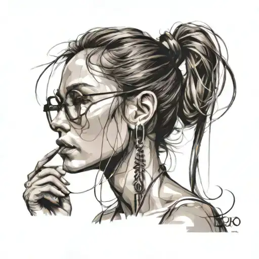 girl in profile, very long aquiline nose, glasses, long straight brown hair tied up, very thin lips, skin without tattoo tattoo design idea