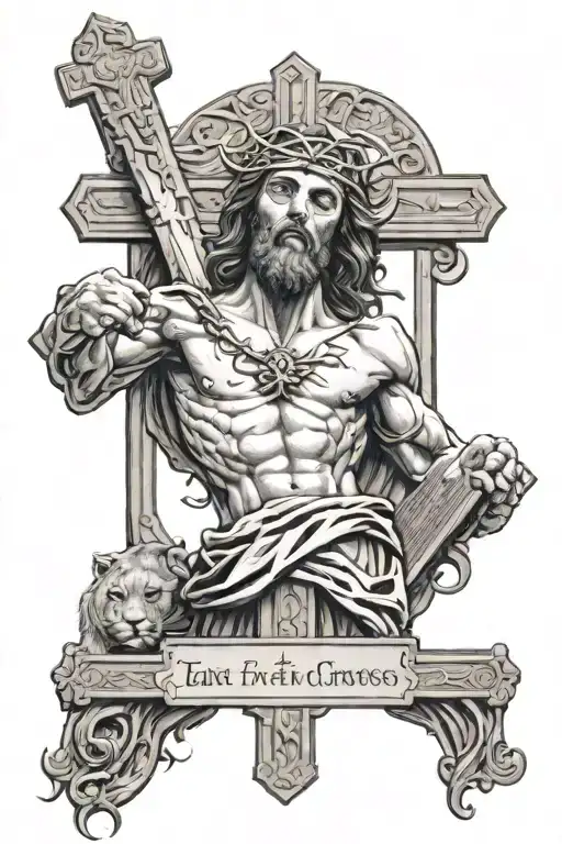 jesus on the cross with a lion under the cross and a bible verse off to the side with a dark shadow behind it tattoo design idea