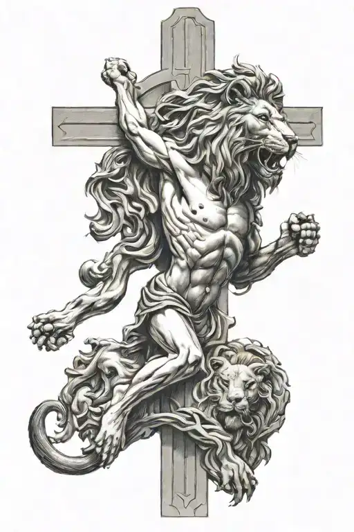 the crucifix of jesus christ and a lion roaring tattoo design idea