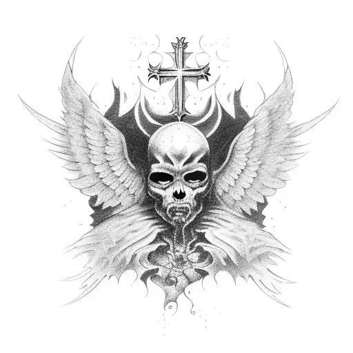 a sleeve of fallen angel and other christian symbolism tattoo design idea