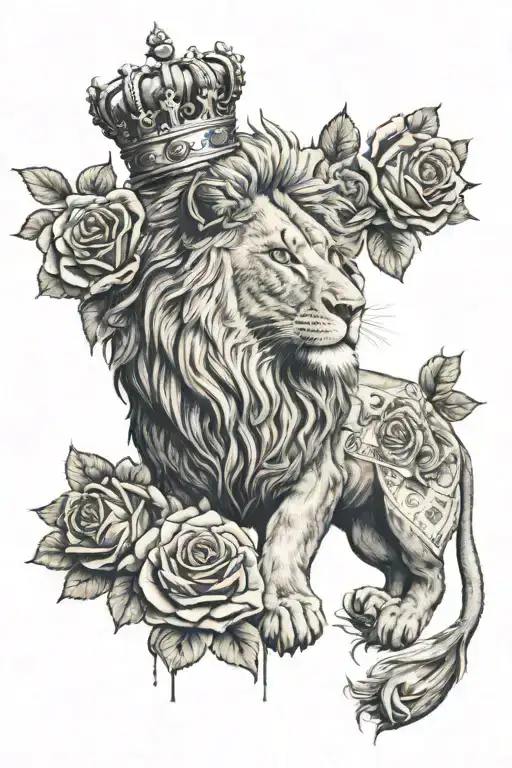 A lion with a crown surrounded by roses made of $100 American bills with a hummingbird drinking out of it tattoo design idea