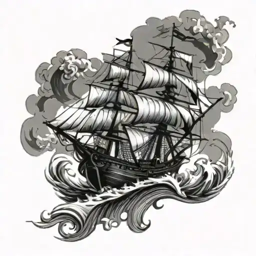 pirate ship fighting clouds and waves crashing tattoo design idea