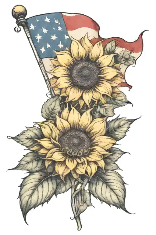 sunflowers American flag rose  tattoo design idea