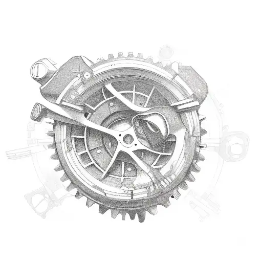 wrenches, pistons, gears, $100 bills, and a semi truck in a collage tattoo design idea