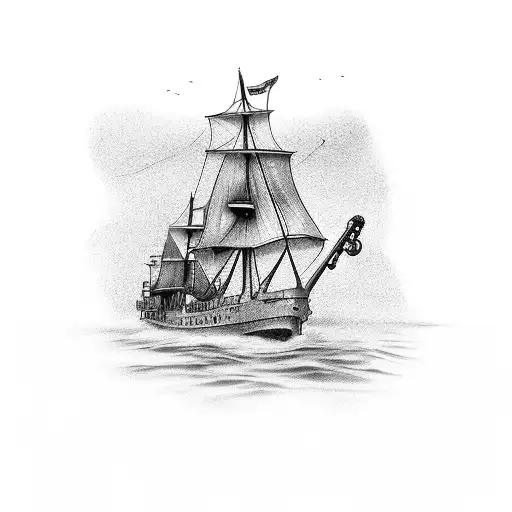 Ship in Water with Anchor on Rope tattoo design idea
