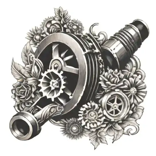 turbocharger, gears, tools, all surrounded in a dark smokey setting with flowers  tattoo design idea
