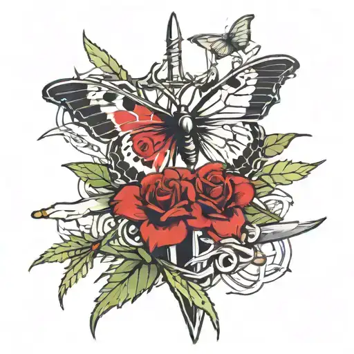 A manly tattoo of a crown of thorns a sword and a butterfly combined tattoo design idea