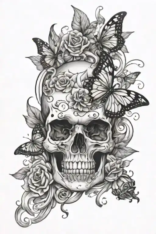 hip/thigh sleeve, skull with butterflys flying, mystical and gothic, feminine tattoo design idea