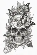 hip/thigh sleeve, skull with butterflys flying, mystical and gothic, feminine tattoo design idea