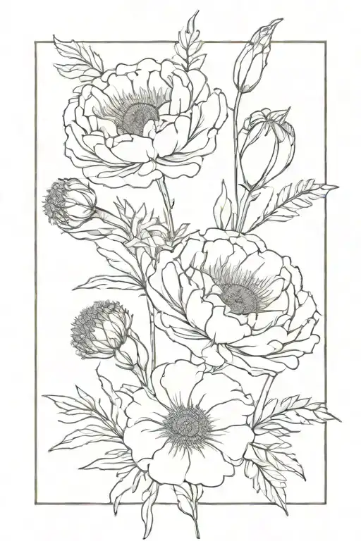 A minimalist flower bouquet  featuring one poppy, one chrysanthemum, and two slightly different but similar carnations  tattoo design idea