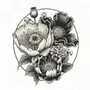 A minimalist, black and white bouquet-style tattoo design featuring one poppy, one chrysanthemum, and two similar yet di tattoo design idea