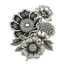 A minimalist, black and white bouquet-style tattoo design featuring one poppy, one chrysanthemum, and two similar yet di tattoo design idea