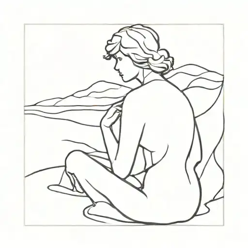 Silhouette of a figure sitting on the sand, surrounded by gentle waves and sand dunes. tattoo design idea