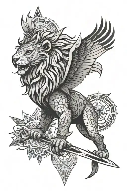 A knife-wielding leader with a lion and eagle in a geometric mandala pattern tattoo design idea