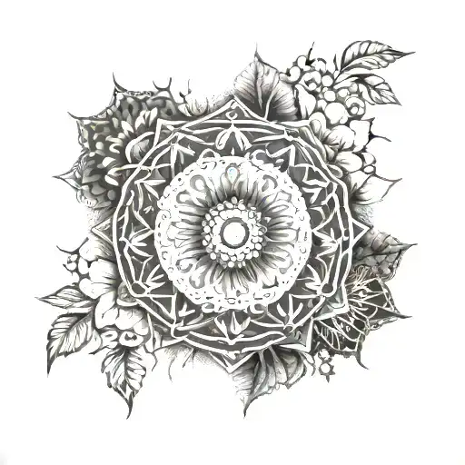 An intricate mandala design incorporating elements of nature, family silhouettes, and sun motifs tattoo design idea
