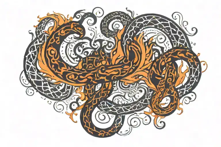 A beaked serpent in a pool of fire tattoo design idea