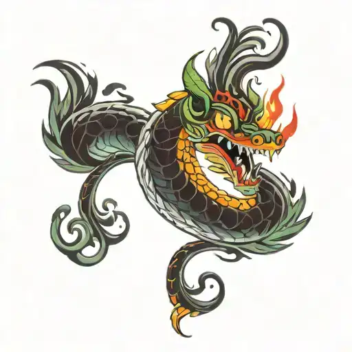 a beaked serpent with big eyes emerging form a pool of fire and smoke in the style of Ed Hardy tattoo design idea