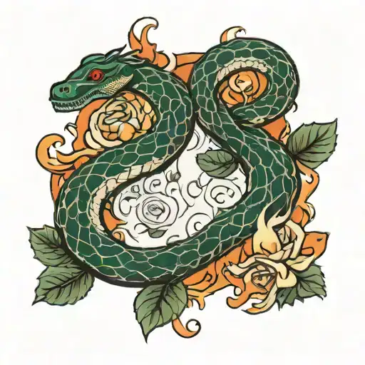 A beaked serpent emerging from a pool of flames and white smoke. The pool is surrounded by a smattering of roses. tattoo design idea