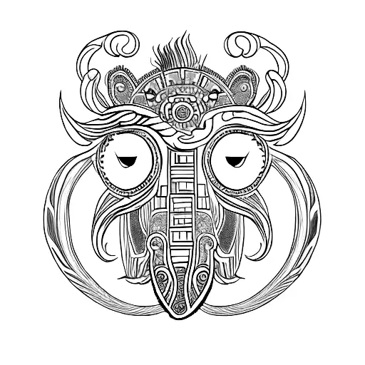 masculine woolly mammoth with feminine cheetah with blue eyes with 4 unique feathers as base with phrase Memento Mori  tattoo design idea